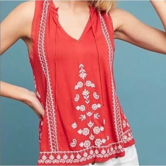 Anthropologie Akemi + Kin Chelsey‎ Embroidered Tank Top Red White Size XS Boho - Picture 2 of 11